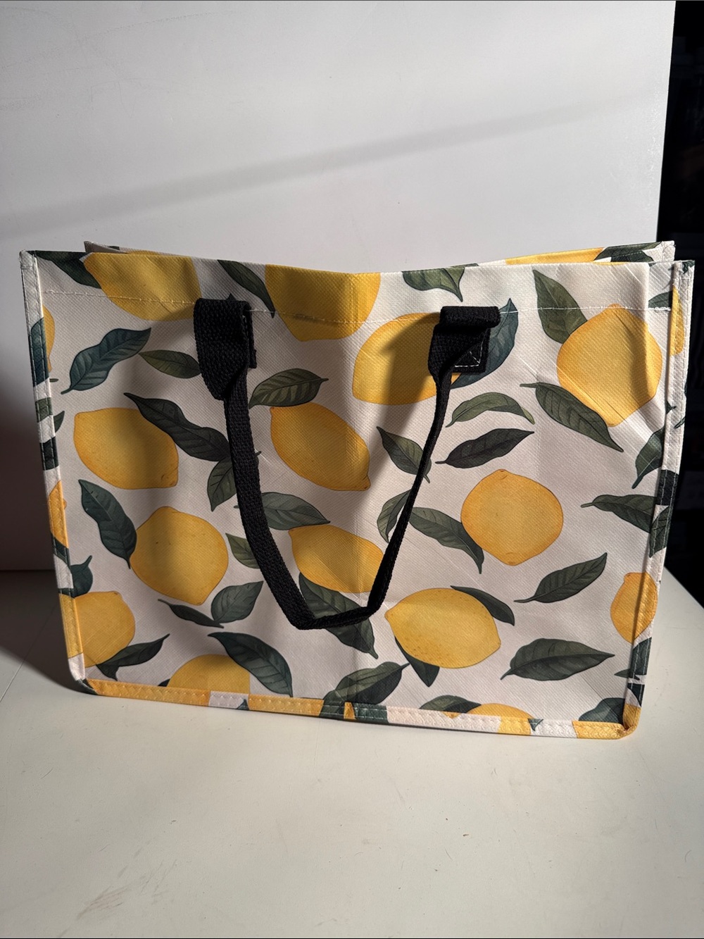 Yellow Lemon-Print Canvas Tote with Black Handles